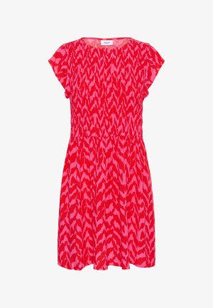 Red and pink patterned dress with short flutter sleeves, smocked waist, and a flared skirt, made from lightweight fabric.