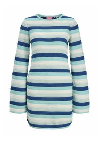 Pletena tunika dugih rukava u svijetloplavoj, tirkiznoj i tamnoplavoj prugastoj kombinaciji. Ima okrugli izrez i teksturiranu tkaninu s horizontalnim uzorcima.