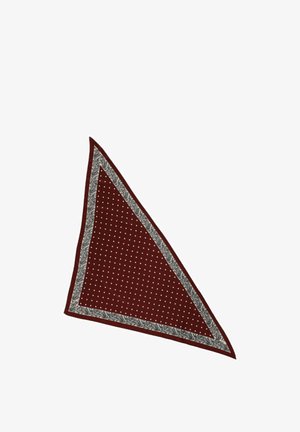 Trójkątny bordowy szalik w białe kropki z ozdobną szarą ramką w stylu paisley.