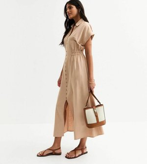 New Look SHIRRED WAIST MIDI - Shirt dress - stone