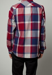 Man i långärmad rutig skjorta i röd, blå, vit och lila, sedd bakifrån, ihop med svarta byxor.