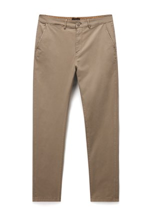 Pantalons beige à jambe droite avec fermeture par bouton et zipper, passants de ceinture, poches avant en biais et détails de couture minimalistes.