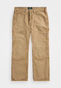 Khakifärgade arbetsbyxor i slitstarkt material, med flera fickor, raka ben och synliga färgstänk för detaljer.