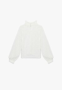 Valkoinen pitsipaita, jossa on pitkät puffihihat ja korkea kaula-aukko. Sisältää teksturoituja kuvioita ja avaimenreikätakaa yksityiskohdan. Pehmeä, kevyt materiaali.