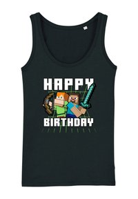 Camiseta sin mangas negra con personajes pixelados sosteniendo una espada y un arco, con el texto "FELIZ CUMPLEAÑOS" en letras blancas en negrita.