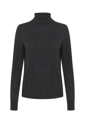 Suéter de cuello alto gris oscuro hecho de un material de punto suave, que presenta mangas largas y un diseño ajustado con un cuello acanalado.