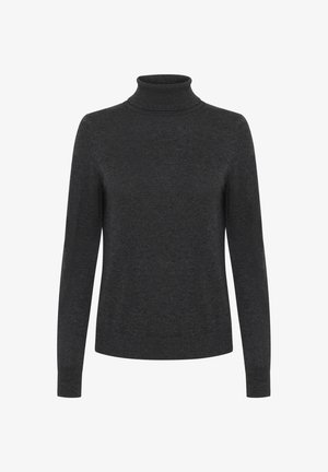 Tamno siva rolka izrađena od mekog pletenog materijala, s dugim rukavima i uskim krojem te izvezenim ovratnikom.