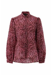 Blusa a maniche lunghe in stampa zebra rossa scura e rosa, con colletto alto, chiusura a bottoni e tessuto strutturato con spalle arricciate.