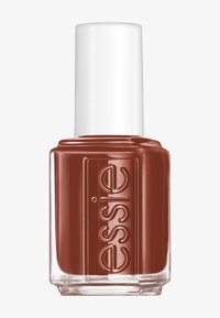 Essie Nagellack in einem tiefen, warmen Braunton. Die Flasche hat eine transparente Basis, eine abgerundete Form und einen weißen, zylindrischen Deckel.