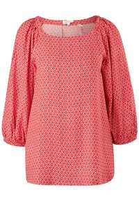 Blouse rouge à motif floral, avec des manches bouffantes, un décolleté carré et une coupe décontractée. Fabriquée en tissu léger.