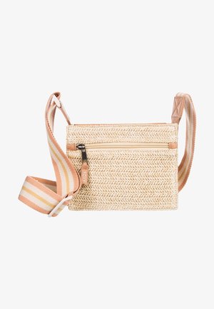 Kleine rechteckige beige gewebte Umhängetasche mit vorderer Reißverschlusstasche und verstellbarem gestreiftem Stoffriemen in Pfirsich-, Creme- und Gelbtönen.