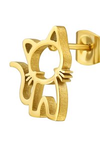 Orecchino a forma di gatto in oro con finitura testurizzata, design a ritaglio e retro liscio. Stile minimalista e giocoso.