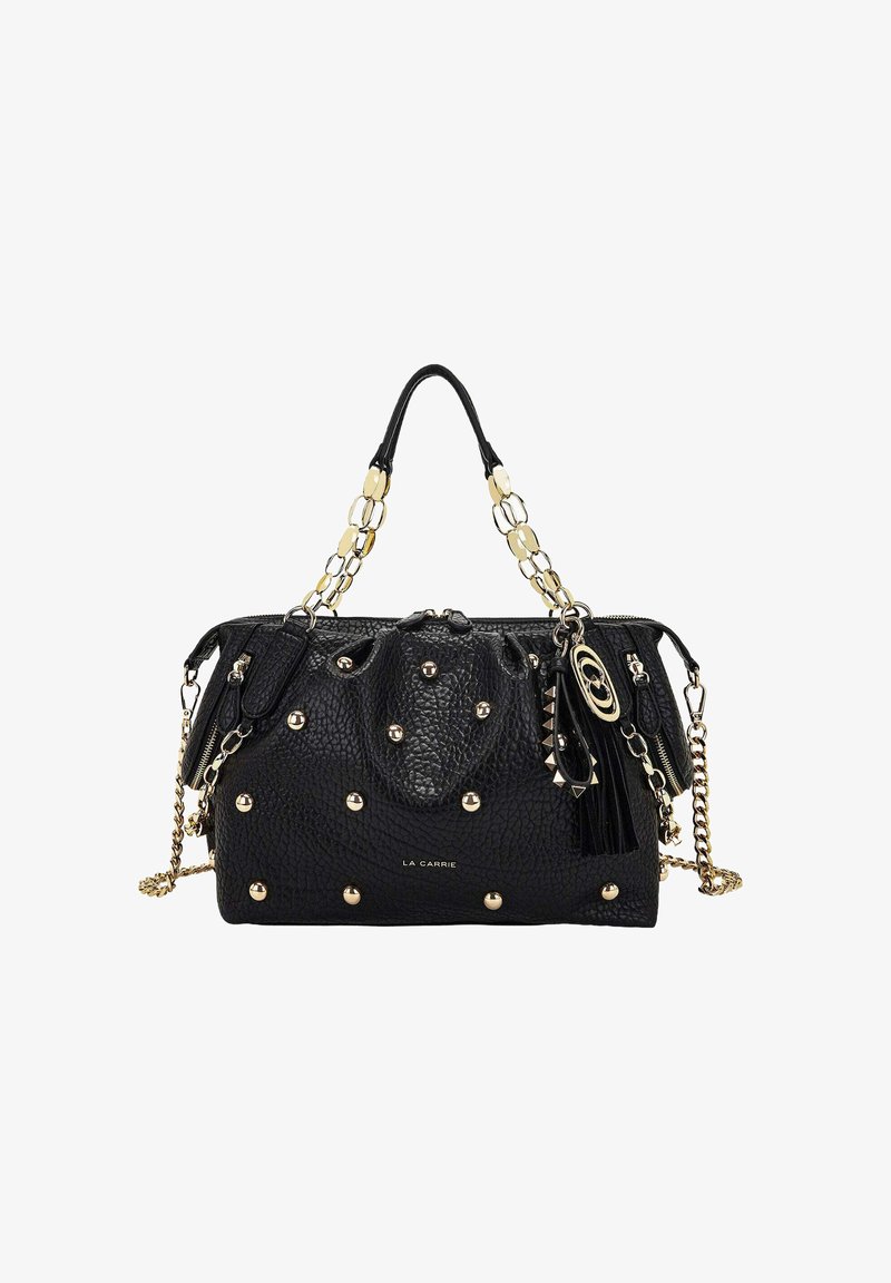 Borsa a mano in pelle nera con borchie metalliche, catena e manici in pelle, chiusura con zip e nappina decorativa. Presenta una superficie testurizzata.