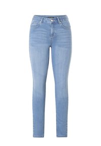 Skinny jeans van lichtblauwe denim, met een hoge taille, vijf zakken en een gladde, licht vervaagde structuur.