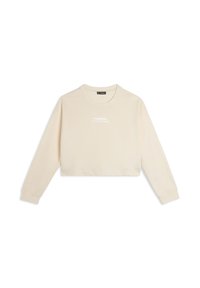 Felpa a maniche lunghe tagliata in cotone beige chiaro, con testo bianco "FREDDY OGGI È IL TUO GIORNO" sul davanti, collo rotondo e polsini a coste.