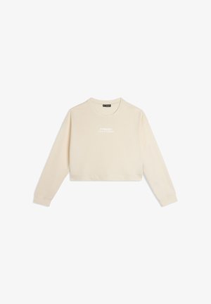 Sweat-shirt à manches longues coupé en coton beige clair, avec le texte blanc "FREDDY TODAY IS YOUR DAY" sur le devant, col rond et poignets côtelés.