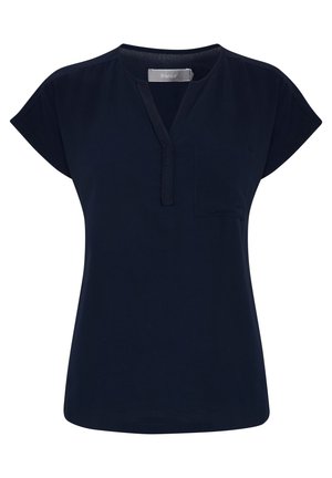 Blusa blu navy a maniche corte con scollatura a V, caratterizzata da una piccola tasca sul petto e un tessuto liscio e leggero.