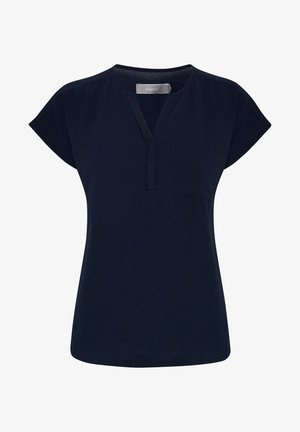 Tumesinine lühikeste varrukatega pluus V-kaelusega, millel on väike rinnatasku ja sile, kerge kangas.