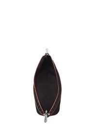 Black pouch with a smooth exterior, featuring a contrasting copper zipper and interior patterned lining. Narrow shape with angled sides.