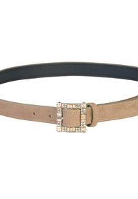 Hellbrauner Wildledergürtel mit einer rechteckigen silbernen Schnalle, die mit klaren und pfirsichfarbenen Verzierungen geschmückt ist. Schwarze Innenverkleidung.