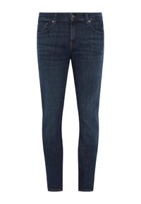 Jean en denim bleu foncé avec une coupe slim, design à cinq poches et décoloration subtile. Comprend une fermeture à bouton et à glissière.