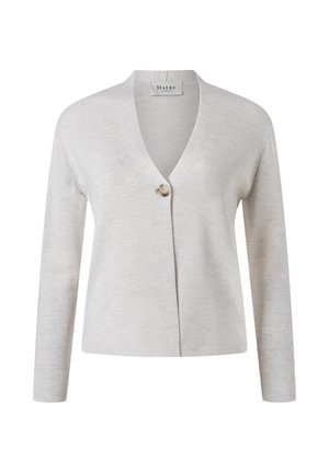 Lysegrå cardigan til kvinder med lange ærmer, V-hals og enkelt knaplukning foran.