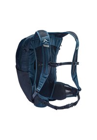 Sac à dos de randonnée bleu marine avec dos en mesh, bretelles ajustables et poches latérales. Fabriqué en tissu durable avec un design élégant et ergonomique.