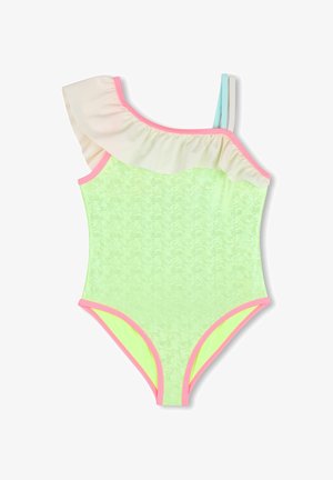 Maillot de bain asymétrique en tissu vert doux avec motif floral, détail volanté crème, et accents rose fluo autour des jambes et des bretelles.