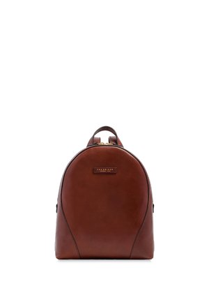 Brown smooth leather backpack with top handle and zipper, front embossed label.