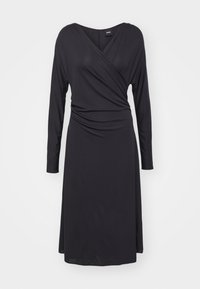 Black wrap dress with long sleeves, a V-neckline, and gathered side detail. Smooth, lightweight fabric with a knee-length cut.