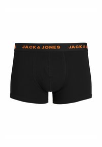 Melnie vīriešu bokseršorti ar elastīgu jostasvietu, kas rotāti ar orandža "JACK & JONES" logotipu.