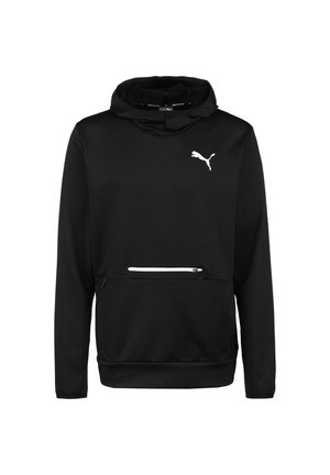 Czarna bluza Puma z kapturem, długimi rękawami, przednią kieszenią kangurką zamykaną białym zamkiem błyskawicznym oraz białym logo Puma na lewej piersi.