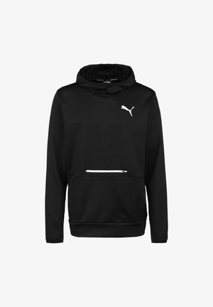 Sweat à capuche Puma noir avec manches longues, poche kangourou à l'avant avec fermeture éclair blanche et logo Puma blanc sur la poitrine gauche.