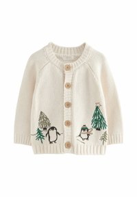 Cremfarbener Strickcardigan mit Holzknöpfen, bestickten Designs von Pinguinen und Bäumen, gerippten Bündchen und Saum sowie einem runden Ausschnitt.