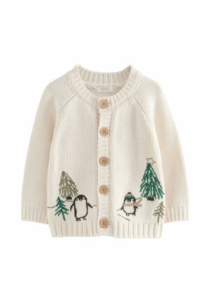 Cremfarbener Strickcardigan mit Holzknöpfen, bestickten Designs von Pinguinen und Bäumen, gerippten Bündchen und Saum sowie einem runden Ausschnitt.
