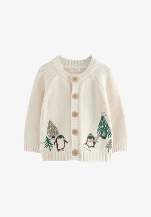 Cardigan lavorato a maglia di colore crema con bottoni di legno, ricami di pinguini e alberi, polsini e orlo a coste, e scollatura rotonda.