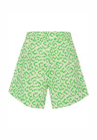 Gröna leopardmönstrade shorts med elastisk midja, som har ett mjukt, lätt tyg och en avslappnad passform, lämpliga för vardagsbruk.
