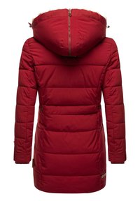 Red padded winter jacket with a detachable fur-trimmed hood, horizontal stitching, two side pockets, and adjustable cuffs. Zipper closure at back.