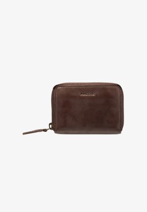 Brown leather wallet with a smooth texture, zippered closure, and a loop pull. Features embossed logo on the front. Rectangular shape.