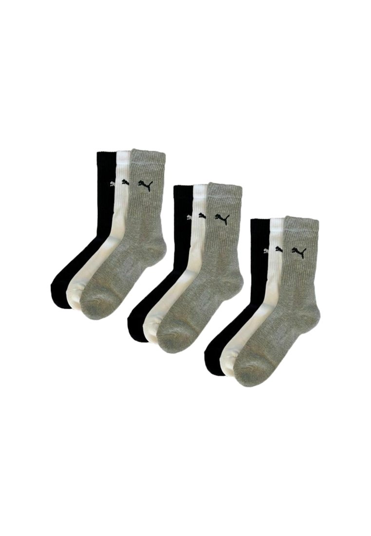 Three sets of three Puma crew socks each in black, white, and gray, arranged side by side against a white background.