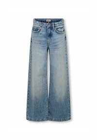 Široke traperice od svijetloplavog denima. Imaju izblijedjele dijelove, klasičan dizajn s pet džepova i kopčanje na pojasu.