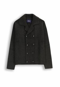 Ciemny prążkowany kardigan z dzianiny, z podwójnym zapięciem na guziki, szerokim kołnierzem i sześcioma czarnymi guzikami. Wykonany z miękkiego, teksturowanego materiału.