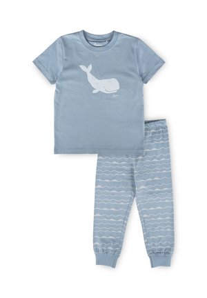 Ensemble de pyjama pour enfants bleu avec un motif de baleine souriante sur le haut et des motifs de vagues sur le pantalon.