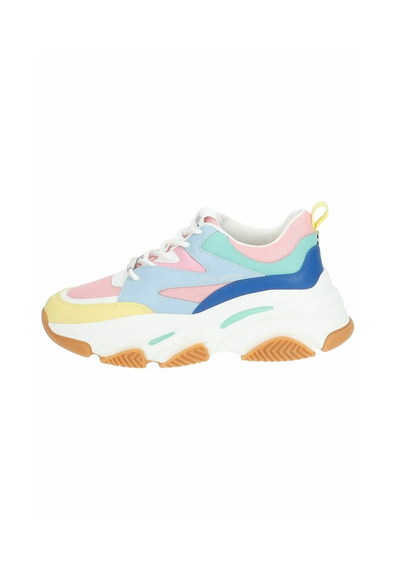 Chunky sneakers with a white, pink, blue, and yellow colorway. Features a textured rubber sole and mesh panels for breathability.