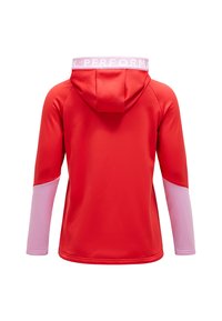 Red athletic hoodie with a pink logo band on the hood. Features long sleeves with pink accents on the shoulders and cuffs. Smooth texture.