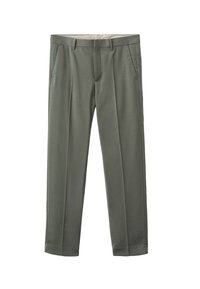 Pantalones ajustados en tela verde oliva, con dos bolsillos delanteros y una textura suave. Diseño a medida con líneas de pliegue que recorren el frente.