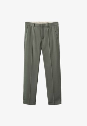 Slim-fit kalhoty v olivově zelené látce, s dvěma předními kapsami a hladkou texturou. Zakázkový design se sklady probíhajícími po přední části.