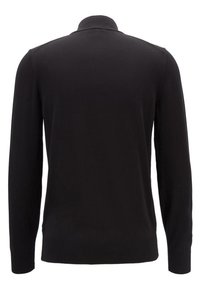 Černý svetr s dlouhými rukávy a žebrovanými manžetami a lemem, zobrazený zezadu s těsným límcem.