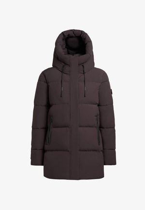 Dark purple puffer jacket with a high collar, elastic drawstring hood, and two zippered side pockets. Soft, quilted texture.