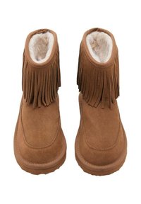 Botine din suede maro, cu un superior franjurat, căptușeală moale din blană sintetică, vârf rotund și talpă din cauciuc pentru aderență.
